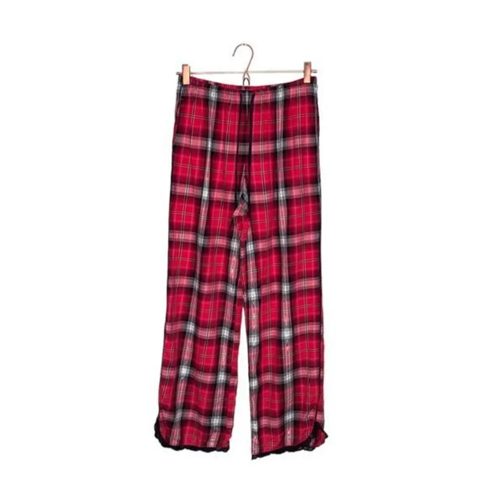 Victoria's Secret XS Red Black Cotton Blend‎ Lace Trim Plaid Pajama Lounge Pants